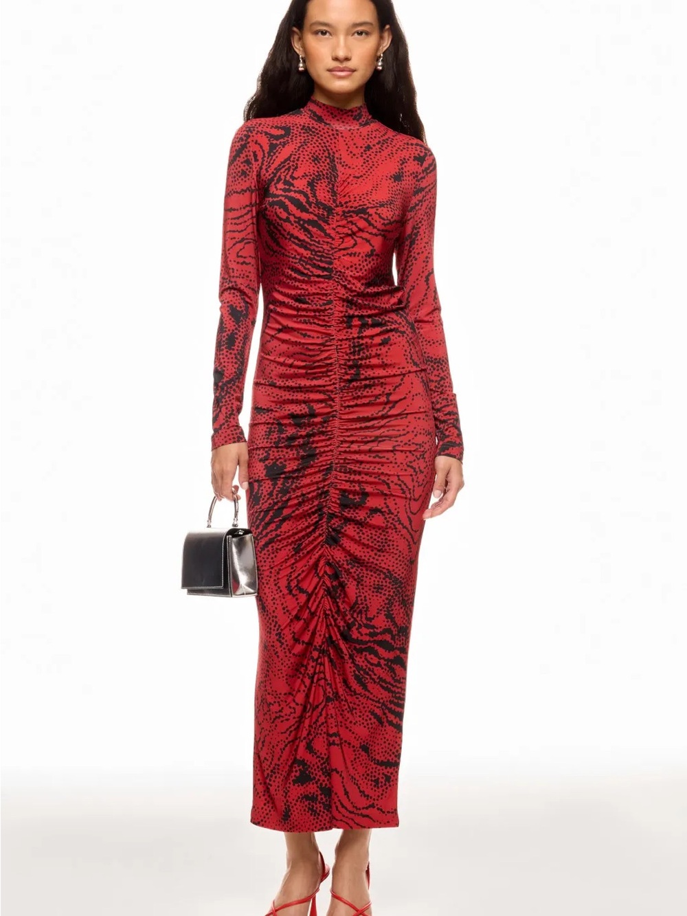 Untitled in Motion Alonia Ruched Mock Neck Maxi Dress Red Black Print Size S